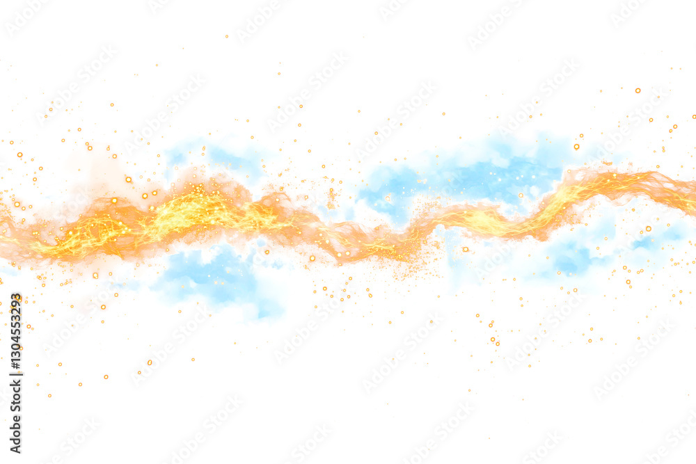 Obraz premium A mesmerizing wavy energy stream with vibrant yellow and blue light trails surrounded by sparkling particles and a misty glow against a transparent background