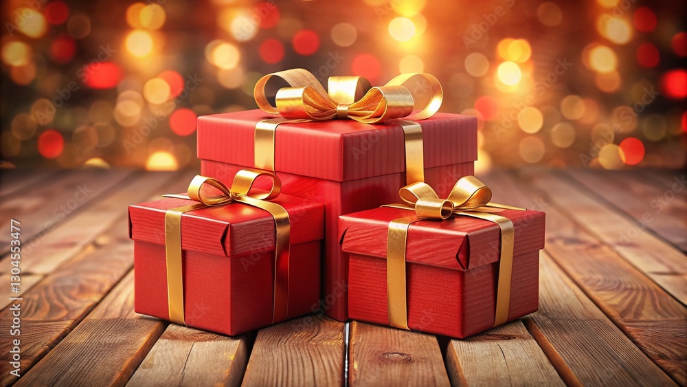 Festive Red Gift Boxes with Gold Ribbons on Rustic Wooden Background - Bokeh Lights Festive Red Gift Boxes with Gold Ribbons on Rustic Wooden Background - Bokeh Lights