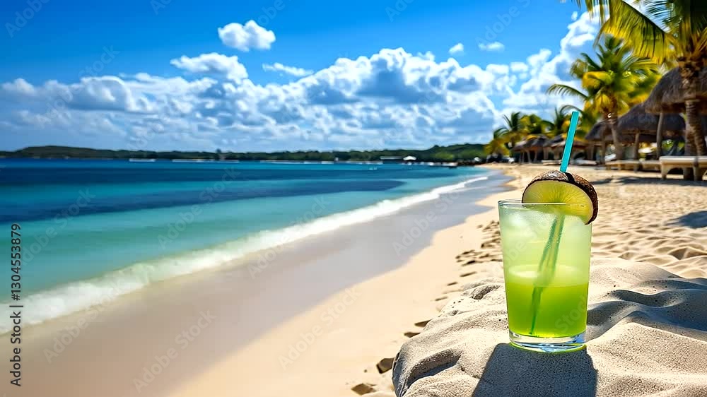 A postcard-worthy beach with clear waters and a line of palm trees, a refreshing coconut drink with a paper umbrella, and a lime-green cocktail on the sandy foreground. A postcard-worthy beach with clear waters and a line of palm trees, a refreshing coconut drink with a paper umbrella, and a lime-green cocktail on the sandy foreground.
