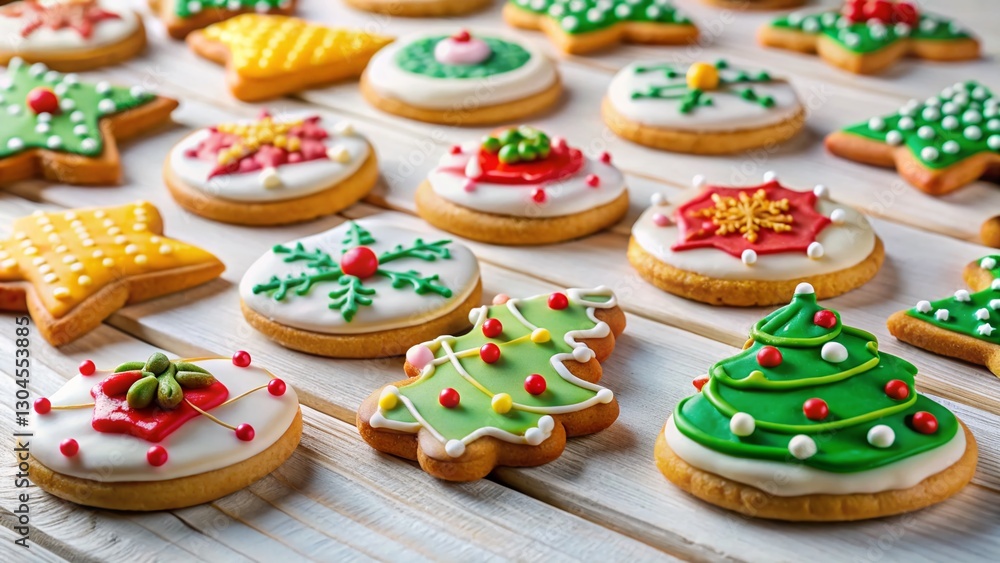 Festive Sugar Cookies: Dozen Decorated Treats on White Wood Background - Tilt-Shift Photography Festive Sugar Cookies: Dozen Decorated Treats on White Wood Background - Tilt-Shift Photography