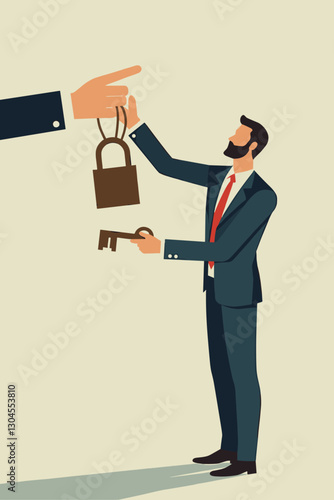 Businessman Holding Key to Unlock Solutions for Problems and Questions