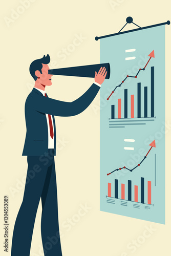 Businessman looking through binoculars towards graphs and charts representing strategic planning and competition analysis