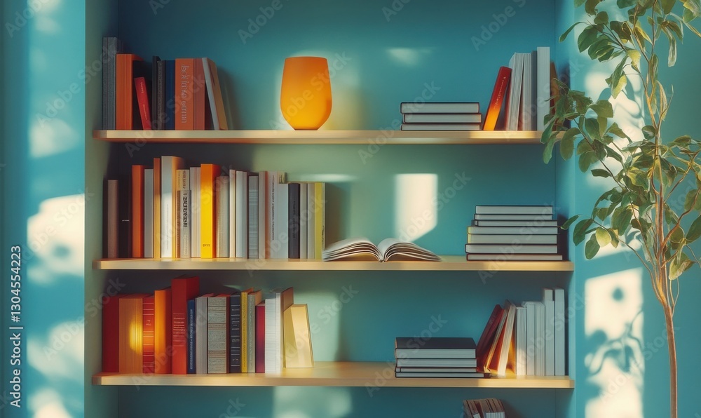 Bright and colorful bookshelf filled with neatly arranged books, illuminated by natural light for a clean and inviting composition Bright and colorful bookshelf filled with neatly arranged books, illuminated by natural light for a clean and inviting composition