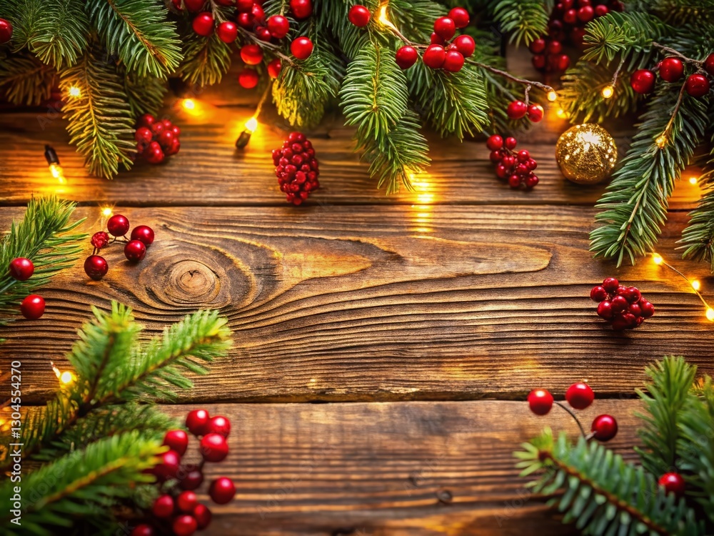 Festive Wooden Background with Greenery and Twinkling Lights - Holiday Design Festive Wooden Background with Greenery and Twinkling Lights - Holiday Design