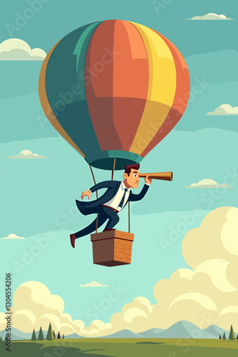 Businessman with Spyglass Seeking New Opportunities from Hot Air Balloon