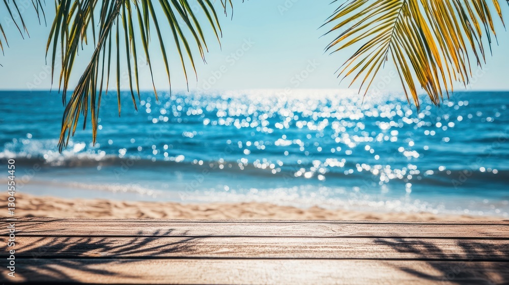 Fototapeta premium Tranquil Beach Paradise: Wooden Deck Overlooking Sparkling Ocean