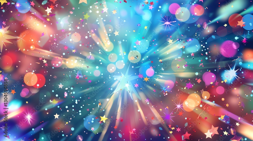 A colorful and sparkly background with stars and confetti. A colorful and sparkly background with stars and confetti.