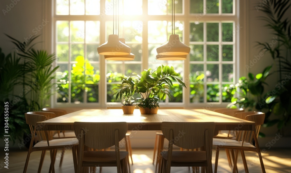 Obraz premium Bright dining room with natural wood furniture, sunlight streaming through large windows, and lush green plants creating a fresh and inviting atmosphere