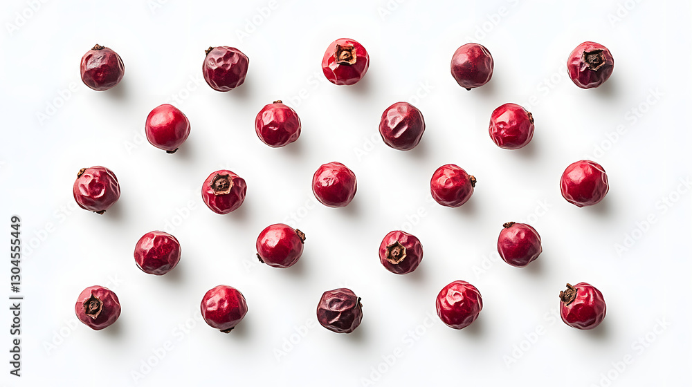 Szechuan peppercorns arranged symmetrically on a white background, showcasing their rich red color and distinctive texture. Szechuan peppercorns arranged symmetrically on a white background, showcasing their rich red color and distinctive texture.
