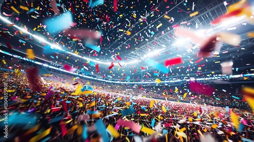 A stadium full of people with confetti falling.
