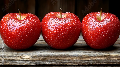 Three wet red apples on wood