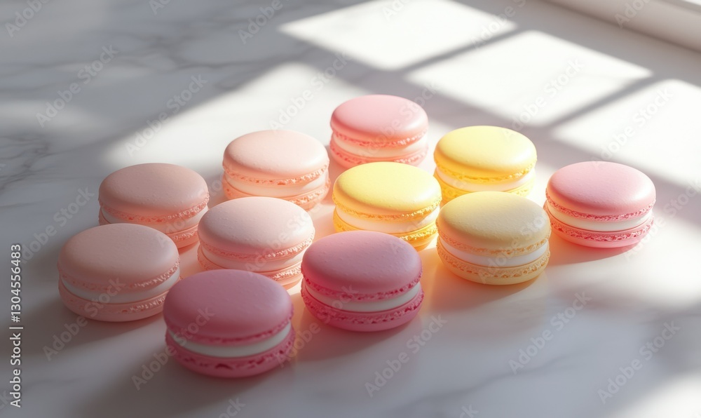 Fototapeta premium Bright pastel macarons in shades of pink and yellow, neatly arranged on a smooth white marble surface illuminated by natural light for an elegant dessert setup