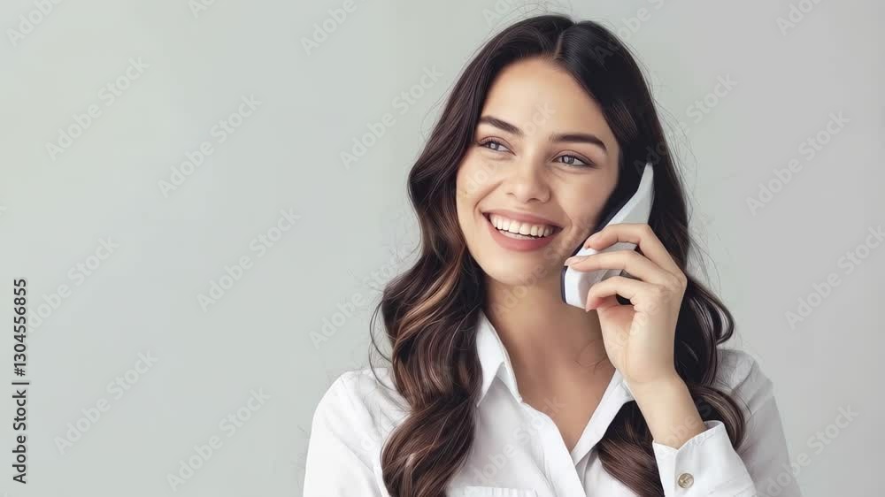 Smiling woman talks on the phone while wearing a white shirt in a bright, minimalistic setting Smiling woman talks on the phone while wearing a white shirt in a bright, minimalistic setting