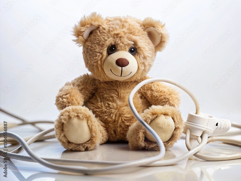 Fototapeta premium Fluffy Teddy Bear Napping on Electrical Cord - Stock Photo