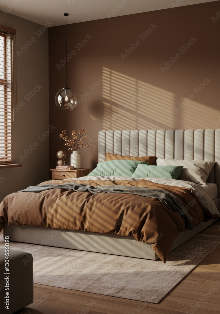 Fototapeta premium Serene Bedroom with Earthy Tones and Soft Lighting