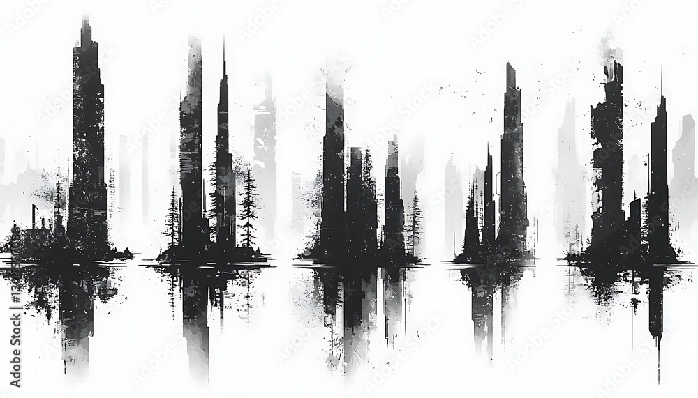 Post-apocalyptic cityscapes reflected in water Post-apocalyptic cityscapes reflected in water