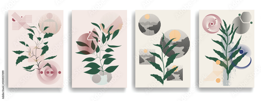 Fototapeta premium Modern artistic posters set with various design elements . Grunge textured shapes in art style . Wall art , home poster design . Vector abstract shape. Modern art . Contemporary poster set .