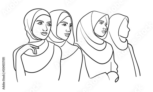 Young 4 muslim womans in burqa, continuous line art drawing. Oriental girl in traditional clothes. Vector illustration isolated on white background 
