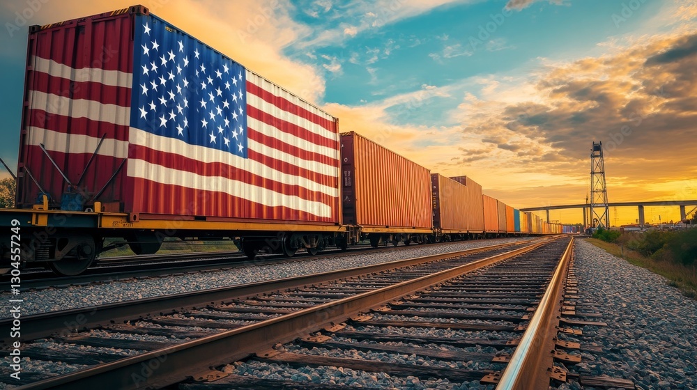 Fototapeta premium Cargo train loaded with domestically produced goods, American flags on shipping containers, boosting local economy,