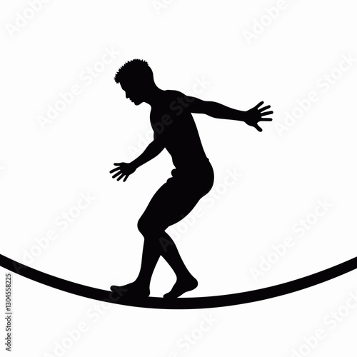 Silhouette of a man balancing on a tightrope on a white background for copy space