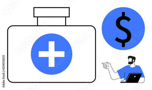 First aid kit with medical cross, blue dollar sign, man with beard pointing while working on laptop. Ideal for healthcare finance, budgeting, medical expenses, financial planning, insurance