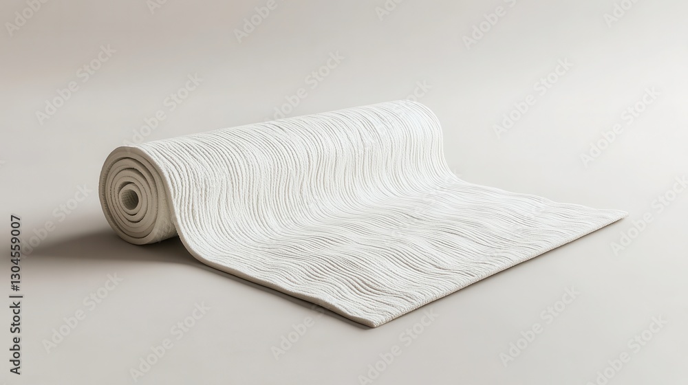 Fototapeta premium A sleek, light-colored yoga mat, its surface textured with subtle ripples and embossed patterns, lay gracefully rolled on a minimalist neutral background, ready to embrace the practice of mindfulness