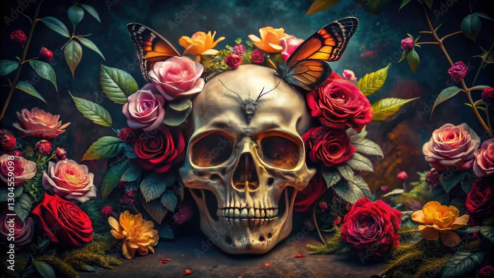 Gothic Skull Moth Roses Dark Fantasy Art Photography