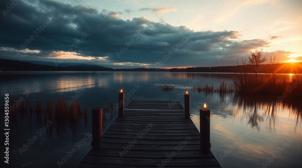 Fototapeta premium Panorama d'un magnifique lever de soleil sur un lac avec ponton