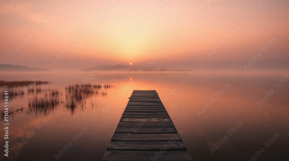 Naklejka premium Panorama d'un magnifique lever de soleil sur un lac avec ponton