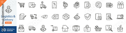 Logistic Delivery Line Icons Set. Collection of 30 outline icons representing shipping, transportation, courier services, cargo, and supply chain management. Editable stroke vector illustration.