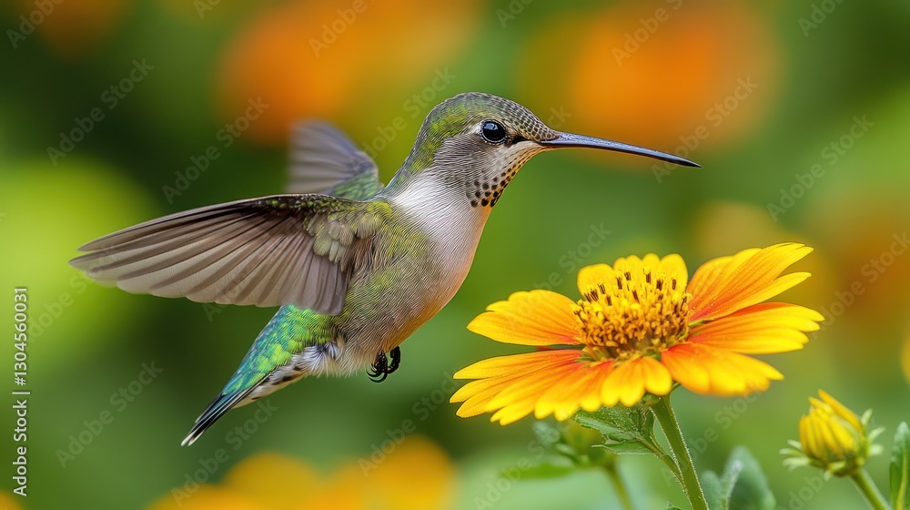Fototapeta premium Hummingbird hovering near orange flower, garden bokeh background, nature photography