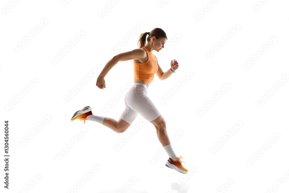 Active sports woman during her training, running, displaying discipline and strength against white studio background. Concept of athletics, sport, endurance, fitness, healthy lifestyle. Ad Active sports woman during her training, running, displaying discipline and strength against white studio background. Concept of athletics, sport, endurance, fitness, healthy lifestyle. Ad