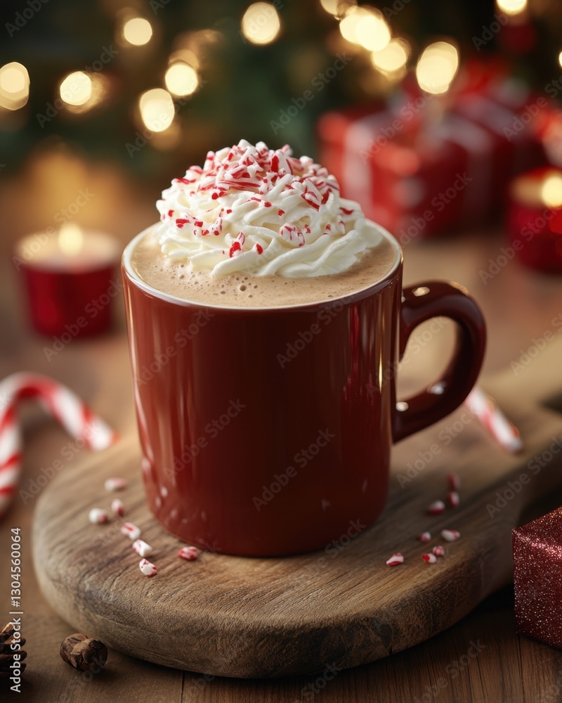 Festive Holiday Cocoa Delight with Whipped Cream and Candy Cane Sprinkles on Wooden Surface Festive Holiday Cocoa Delight with Whipped Cream and Candy Cane Sprinkles on Wooden Surface