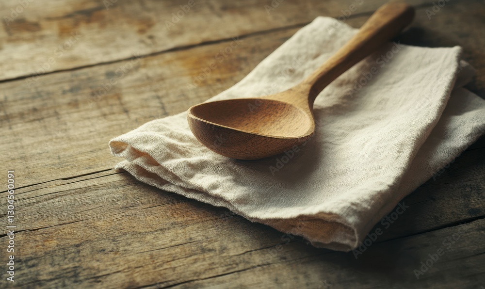 Close-up of a rustic wooden spoon and a linen napkin placed on a weathered wooden table illuminated by warm natural light creating a cozy kitchen vibe Close-up of a rustic wooden spoon and a linen napkin placed on a weathered wooden table illuminated by warm natural light creating a cozy kitchen vibe