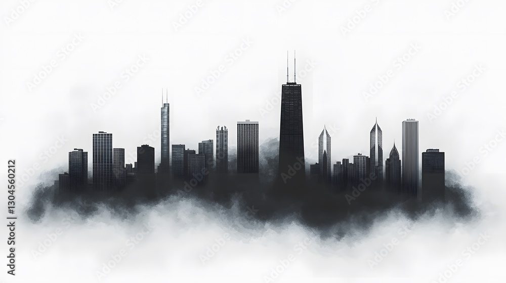 Obraz premium Misty skyline view chicago silhouette photo urban environment wide angle cityscape aesthetic
