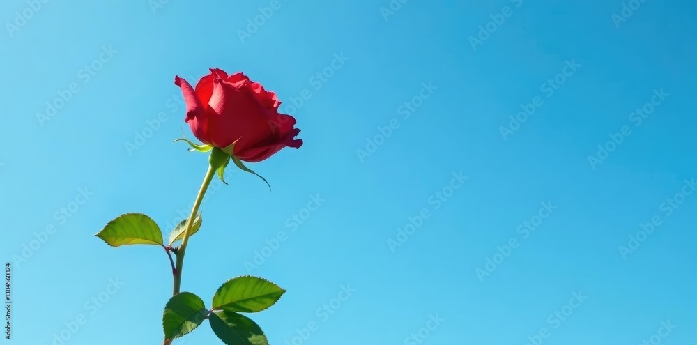 Red rose stem with leaves against clear blue sky, leaf, stem
