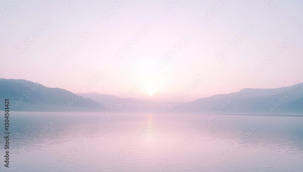 Serene sunrise over calm lake and misty mountains. Serene sunrise over calm lake and misty mountains.