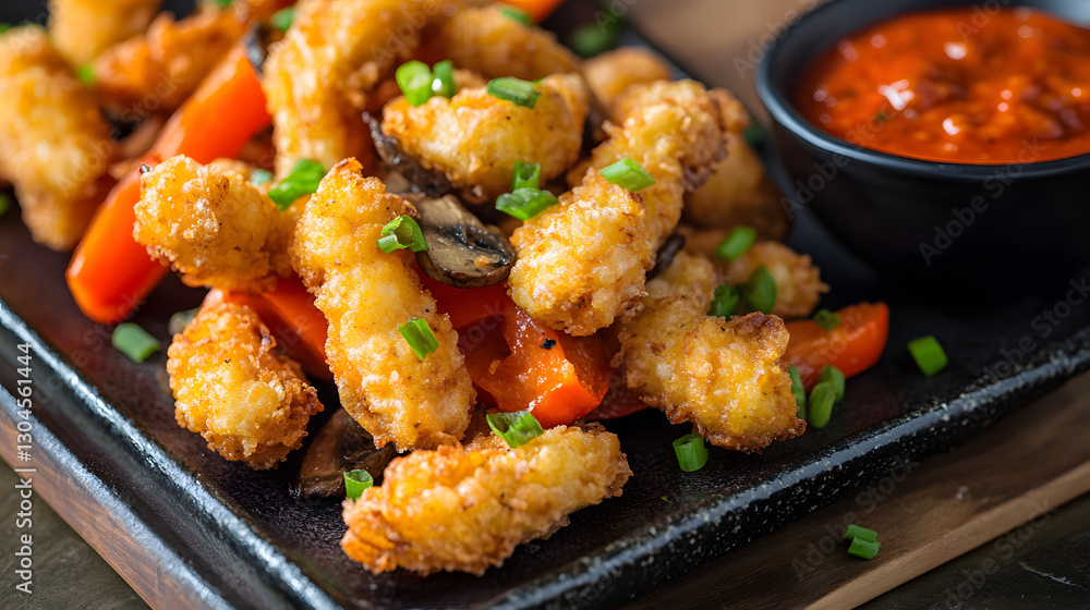 Tempura fried carrots, bell peppers, and mushrooms, served with a creamy roasted red pepper dipping sauce and garnished with green onions. Tempura fried carrots, bell peppers, and mushrooms, served with a creamy roasted red pepper dipping sauce and garnished with green onions.