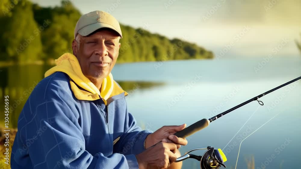 Senior man fishing by the tranquil lake at sunrise, enjoying peaceful moments in nature with fishing gear and warm clothing Senior man fishing by the tranquil lake at sunrise, enjoying peaceful moments in nature with fishing gear and warm clothing
