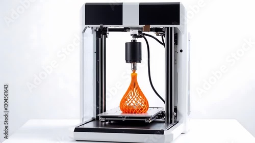 A modern 3D printer with a complex orange vase being printed. The image conveys a sense of technological advancement.