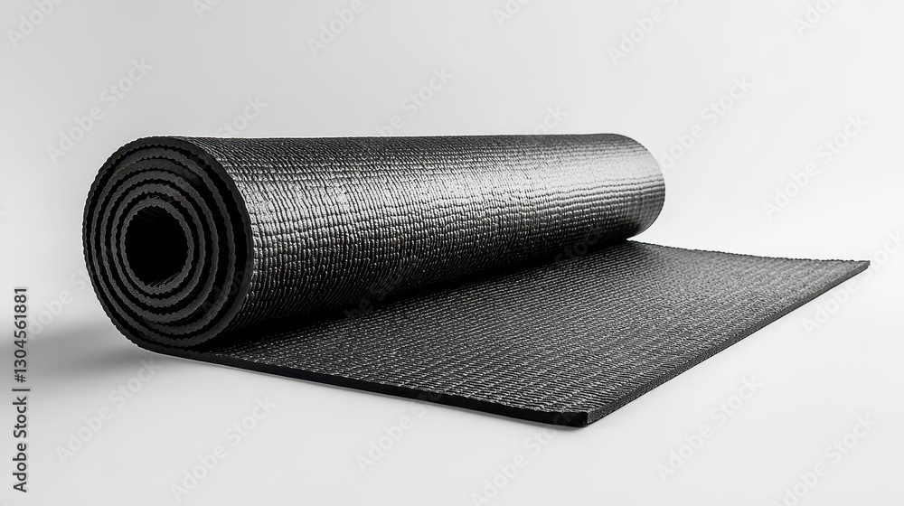 A sleek yoga mat, its textured surface hinting at a grounding and supportive practice, lay folded on a white background, ready to be rolled out and become an extension of the body during fitness and A sleek yoga mat, its textured surface hinting at a grounding and supportive practice, lay folded on a white background, ready to be rolled out and become an extension of the body during fitness and