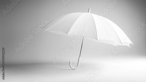 A minimalist white umbrella, its elegant silhouette accentuated against a clean, neutral backdrop, stands ready, its simple yet sophisticated design promising protection from the elements.