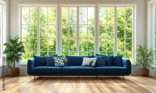 Fototapeta Naklejka Na Ścianę i Meble -  Contemporary living room with navy-blue sofas, wooden floors, and large windows offering a bright garden view.