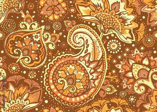 Seamless paisley pattern in Oriental style with floral and ethnic motifs for printed fabric, wallpaper, and packaging