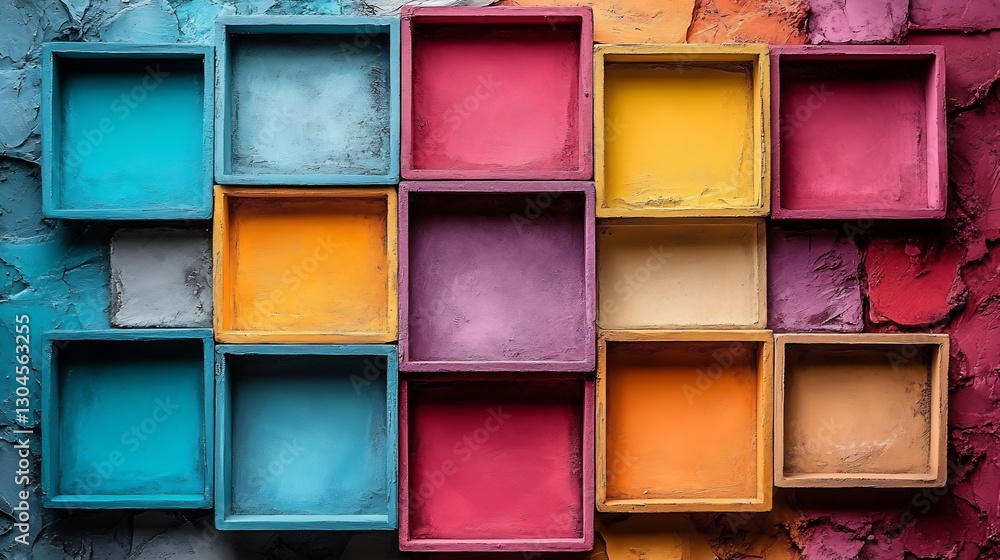 Fototapeta premium Vibrant colored powders neatly arranged in small boxes showcase a bold aesthetic. AI Generated