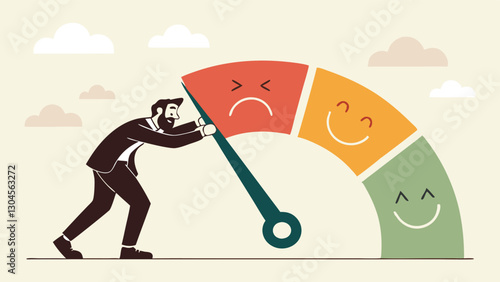 Businesswoman pulling satisfaction meter from negative to positive, improving performance and success in customer feedback, motivation, and quality service concept.
