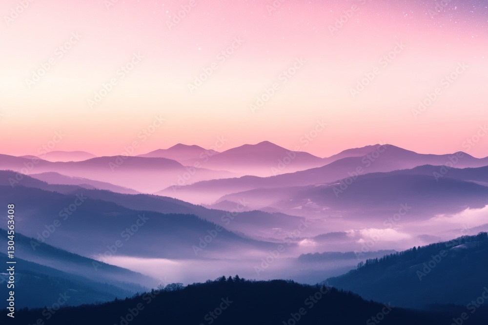 Serene twilight mountain range landscape with pink and purple hues, misty valleys. Serene twilight mountain range landscape with pink and purple hues, misty valleys.