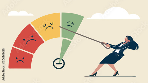 Businesswoman pulling satisfaction meter from negative to positive, improving performance and success in customer feedback, motivation, and quality service concept.

