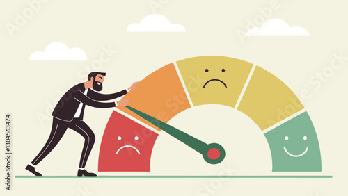 Businesswoman pulling satisfaction meter from negative to positive, improving performance and success in customer feedback, motivation, and quality service concept.
