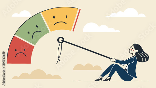 Businesswoman pulling satisfaction meter from negative to positive, improving performance and success in customer feedback, motivation, and quality service concept.
